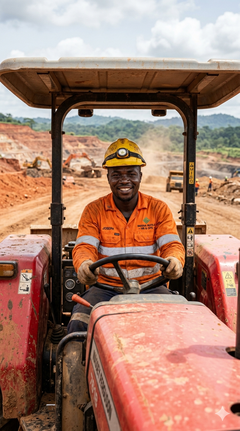 A smiling construction worker in an orange uniform and yellow safety helmet sitting on a red bulldozer at a construction site with dirt and excavators in the background.