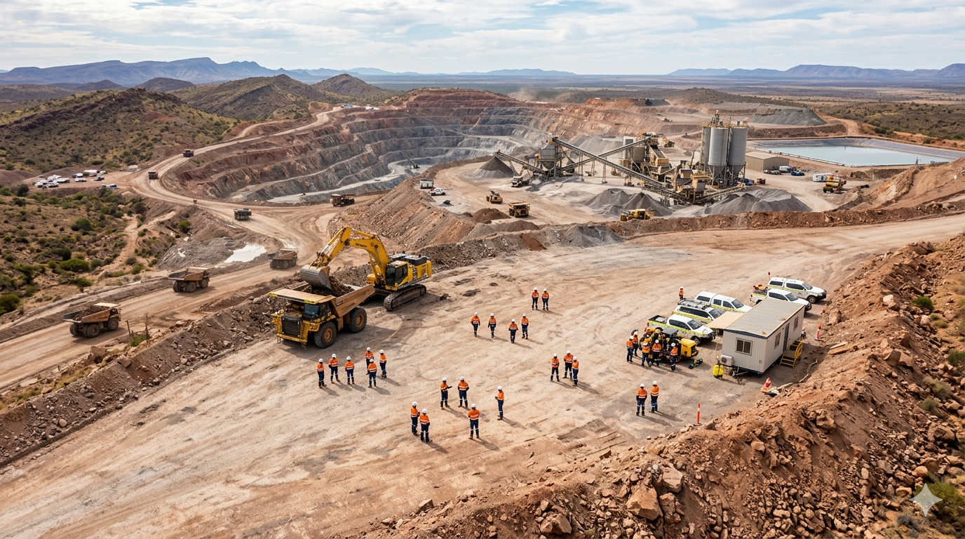 View of a large open-pit mining site with construction workers in safety gear, heavy machinery including excavators and dump trucks, and various vehicles parked near the site during daytime.