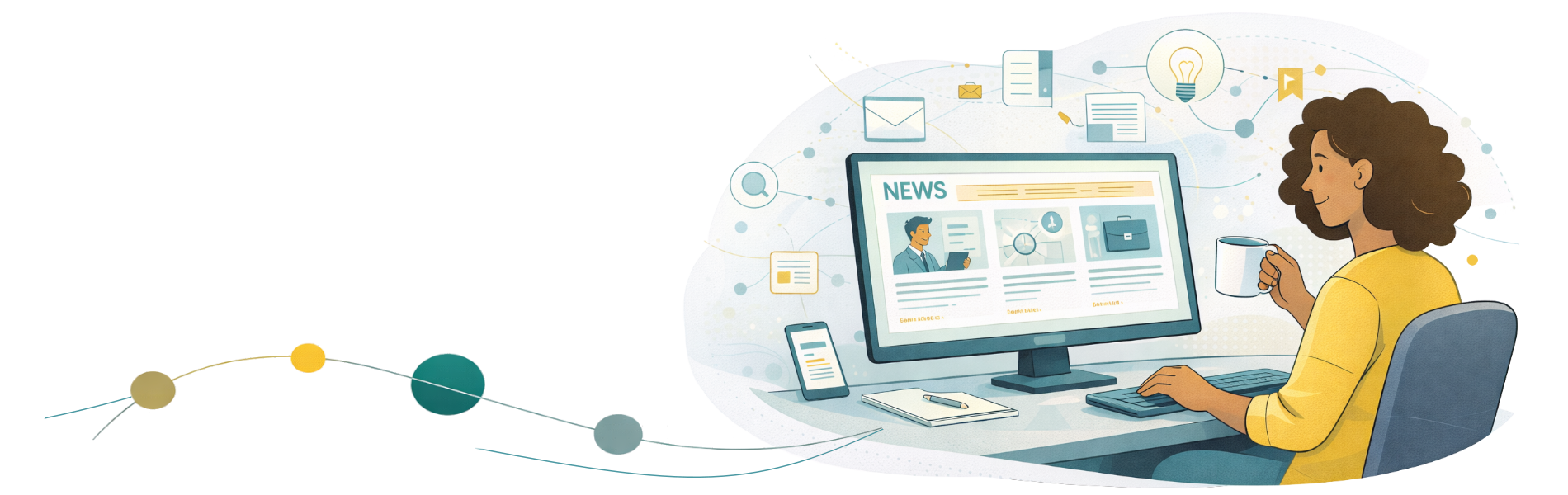 A woman sits at her desk, looking at a computer monitor displaying a legal news website with a news anchor, charts, and article previews. She holds a white mug in her right hand, with a cell phone, notebook, and pen on her desk.