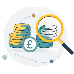 Stacks of gold and silver coins with and a magnifying glass, representing cross-border asset services.