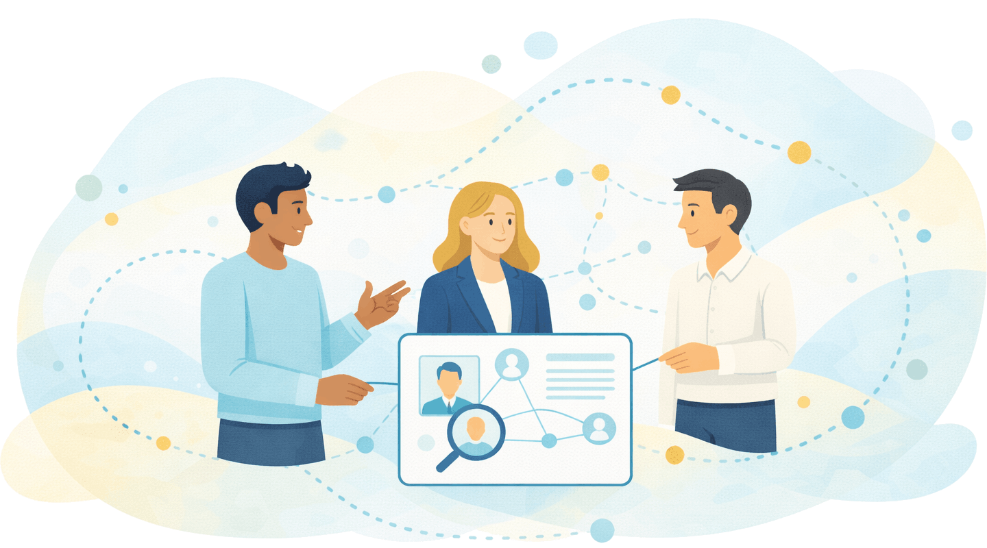 Illustration of three people working as professional genealogists.