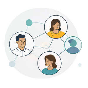 Illustration of a network of connected people, with three individuals connected by lines demonstrating professional beneficiary tracing.