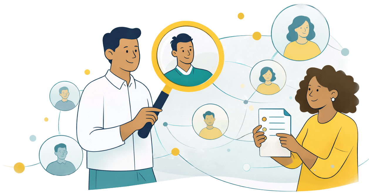 Illustration of a man and woman examining profiles of people connected by lines, representing probate genealogy.