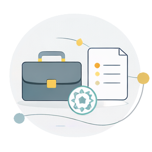 Business briefcase, document with checkmarks, and a gear icon, representing probate property services.