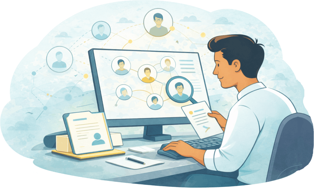 A man working at a desk with a computer and a magnifying glass, seeking missing beneficiaries or administrators for intestate estates.