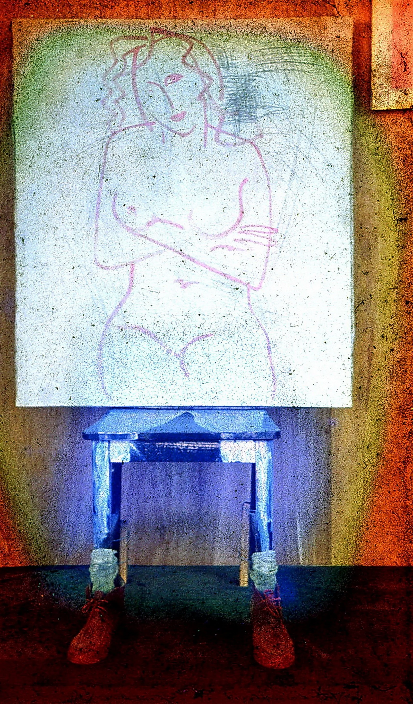 焦跃明 Jiao Yaoming 
自上至下的蜕变  Canvas（画布+实物） 
A Top-Down Transformation (Canvas + Physical Object)
(己焚烧 It was burned) 1986