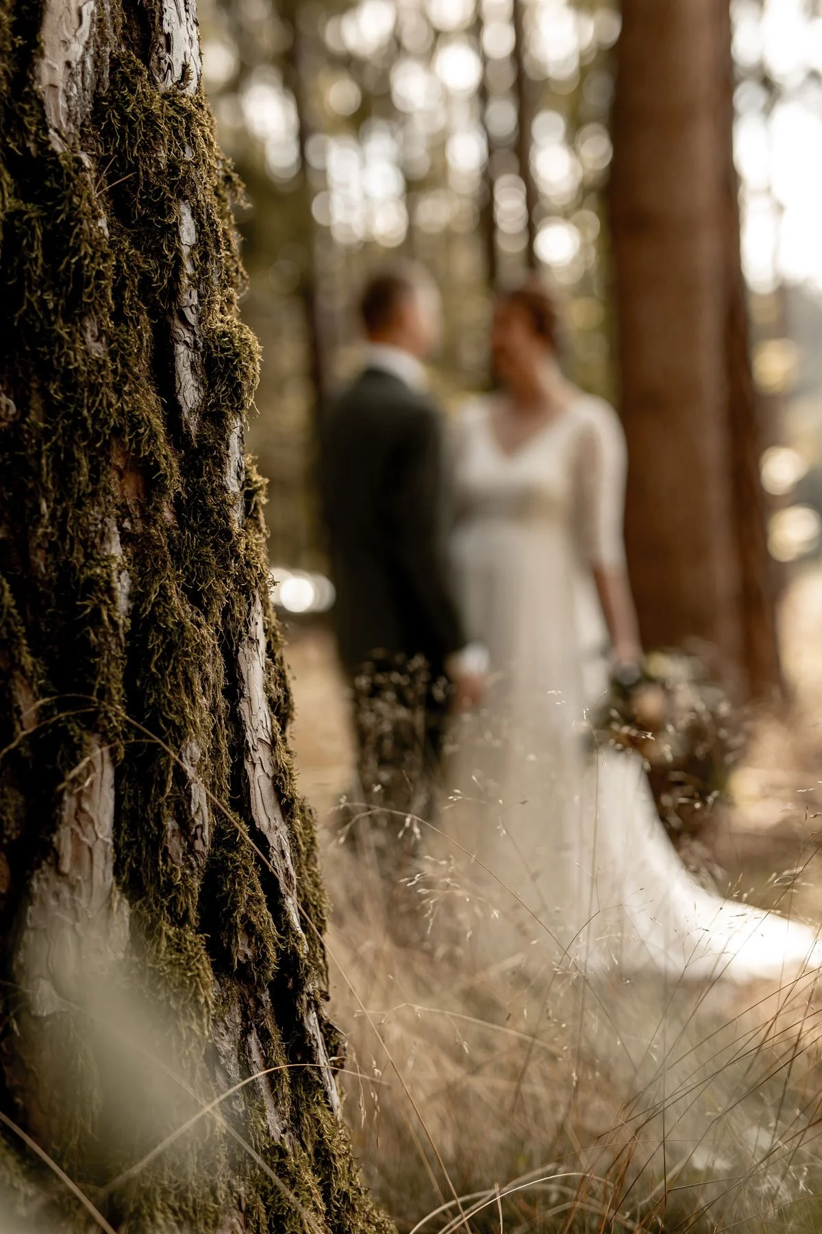 Ein verschwommenes Brautpaar in einem Wald, die Baumrinde im Vordergrund ist detailreich sichtbar.