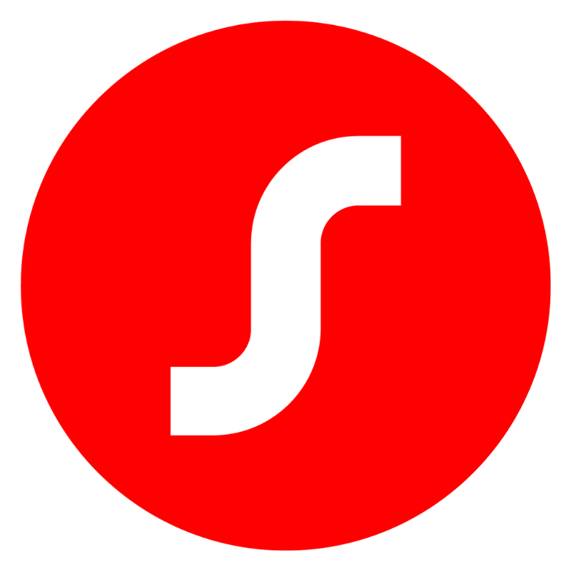 Red circular icon with a white stylized S shape in the center.