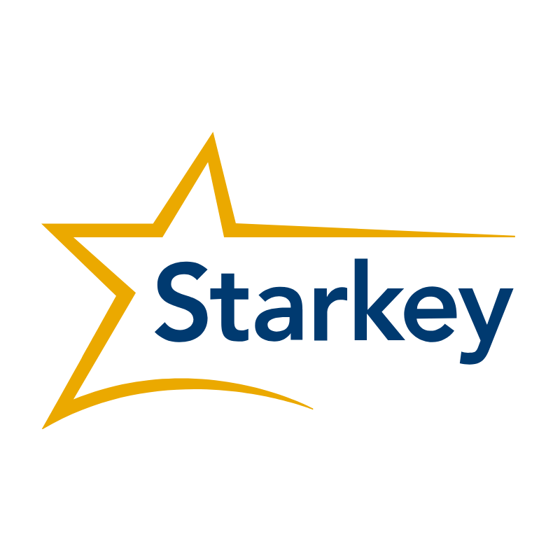 Logo with a large yellow star outline, a yellow shooting star tail, and the word "Starkey" in blue text.