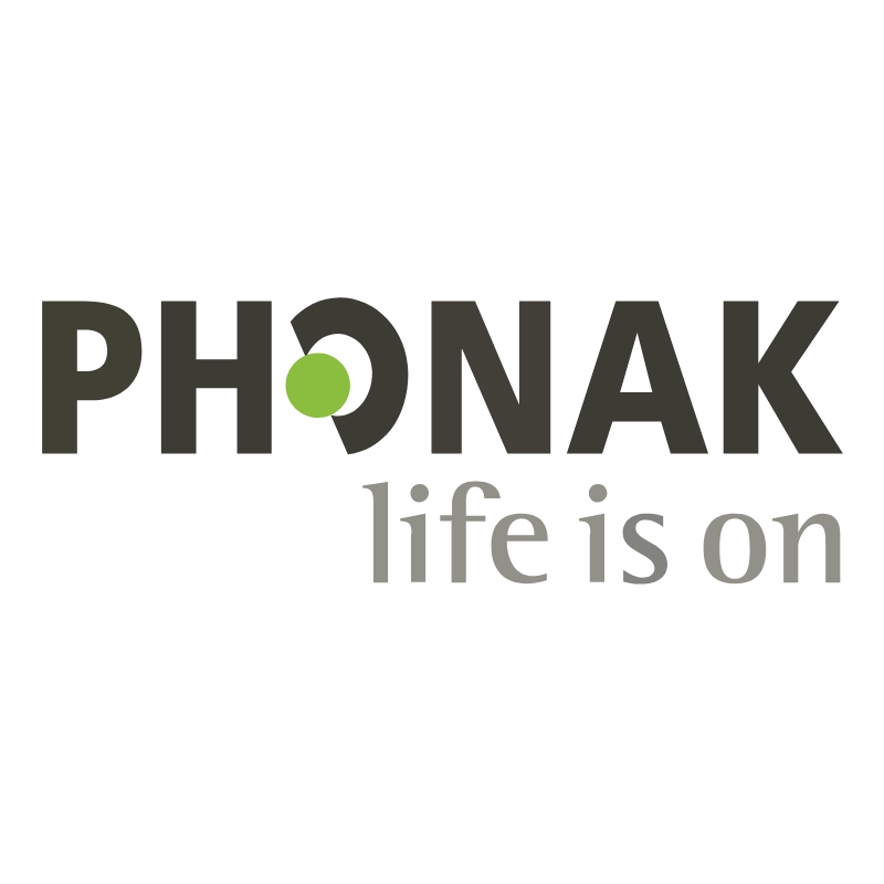Logo with the text "PHONAK" in large letters, a green dot in the ''O'', and the phrase "life is on" below in smaller gray letters.