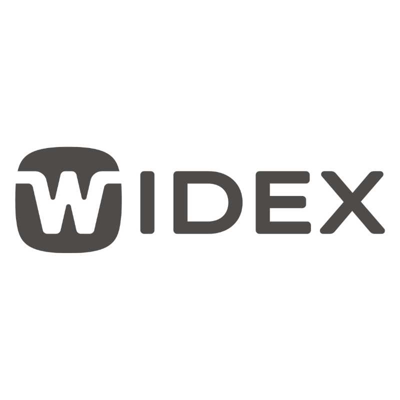 Widex logo featuring a stylized letter W inside a rounded square and the brand name Widex next to it.