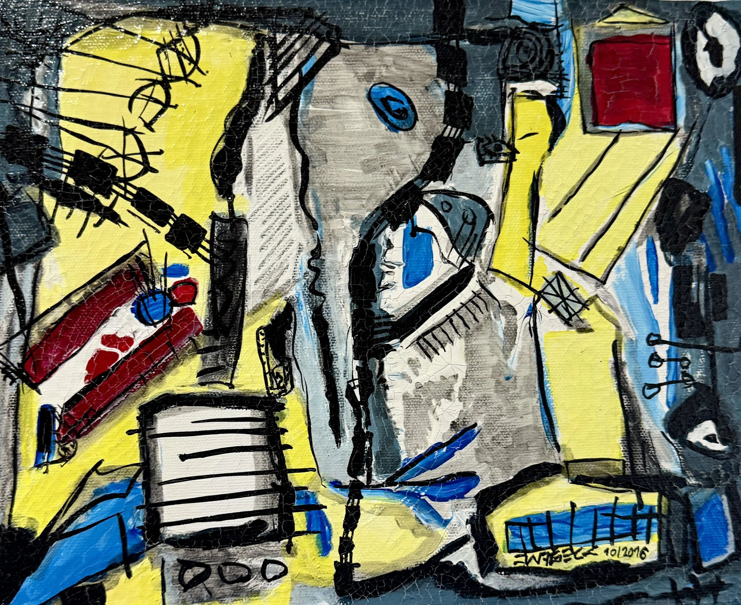 Abstract artwork featuring a person wearing headphones, with various objects like a battery, a speaker, and abstract shapes in yellow, gray, red, blue, and black colors.