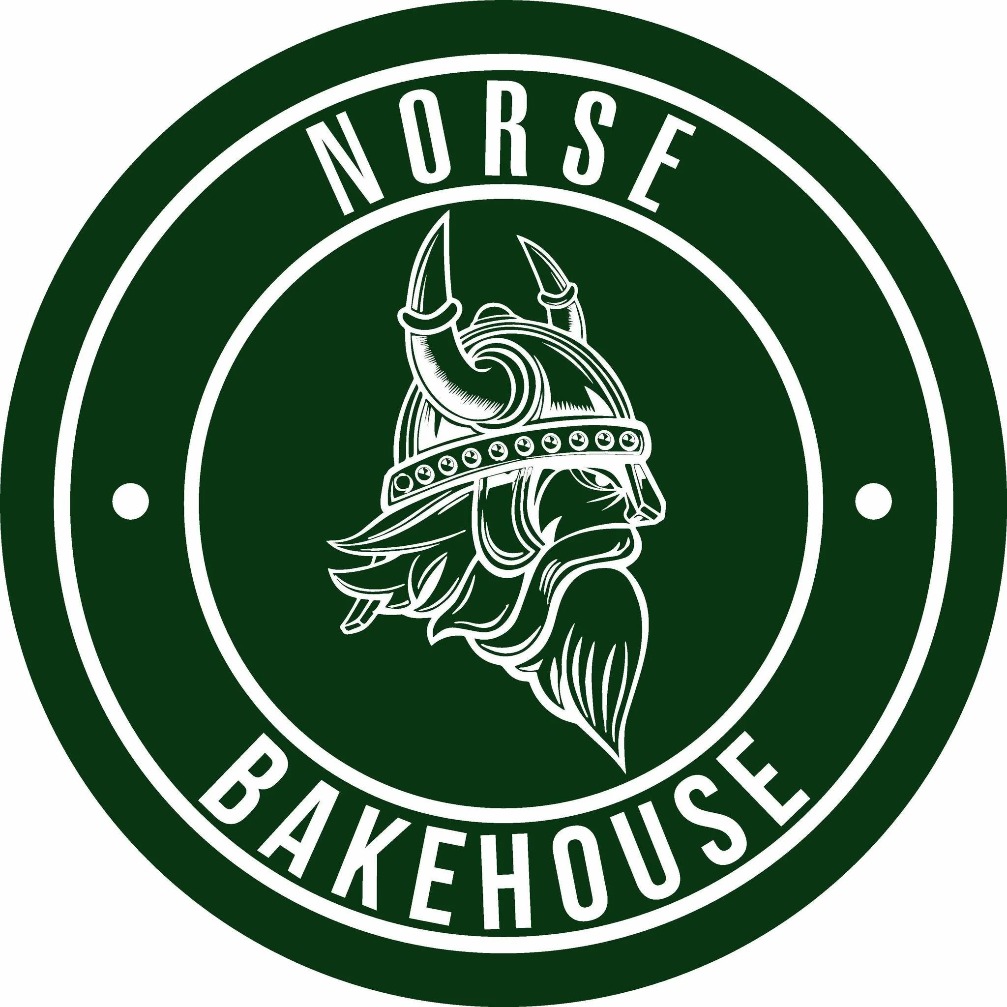 Green circular logo with the words 'Norse Bakehouse' surrounding an illustration of a Viking helmet with horns.