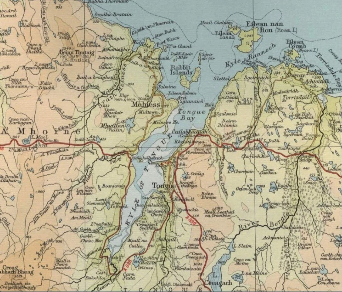 Historical map of the area around Tongue, Melness and Skerray, with detailed place names and geographical features.