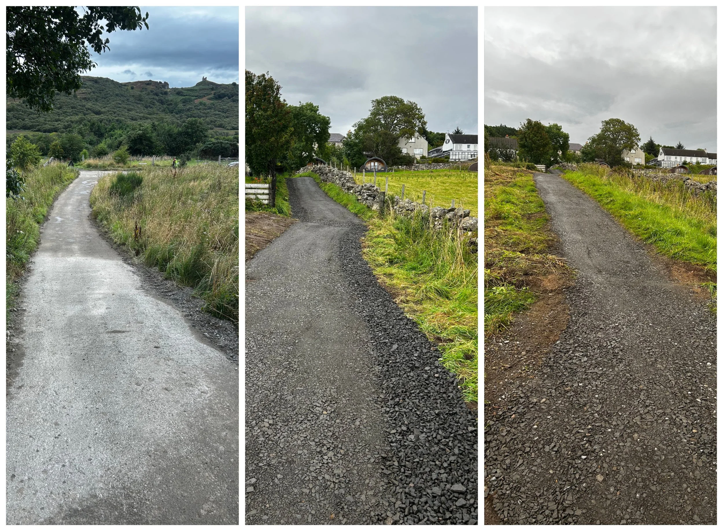 A collage of images of the repair to the Castle Varrich path in September 2026.