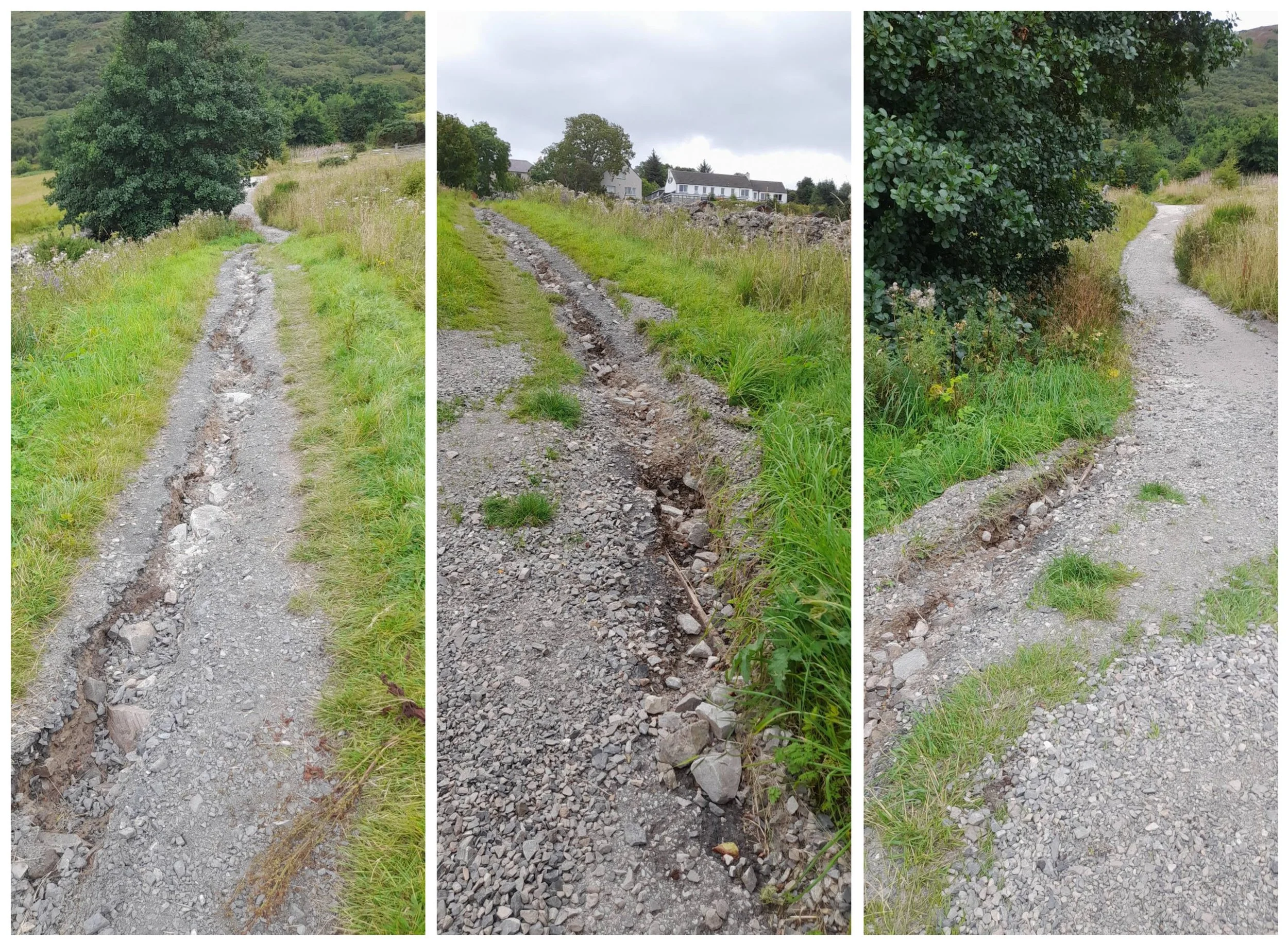 A collage of images showing the damage to the Castle Varrich path during the summer of 2026.
