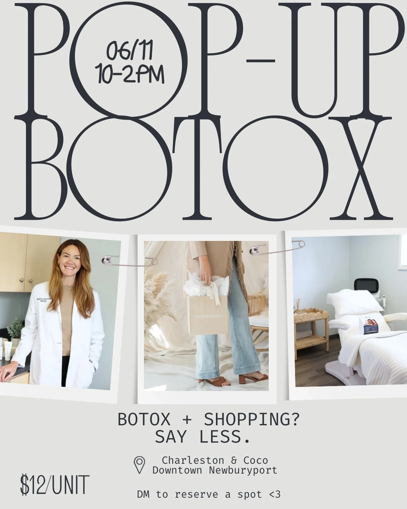 Join us for a Botox Pop-Up at Charleston &amp; Coco 🤍

On Thursday, June 11th from 10 AM&ndash;2 PM, Meghan from Newburyport Medical Aesthetics will be offering Botox/Dysport for just $12/unit in the beautiful Charleston &amp; Coco boutique.

Not on