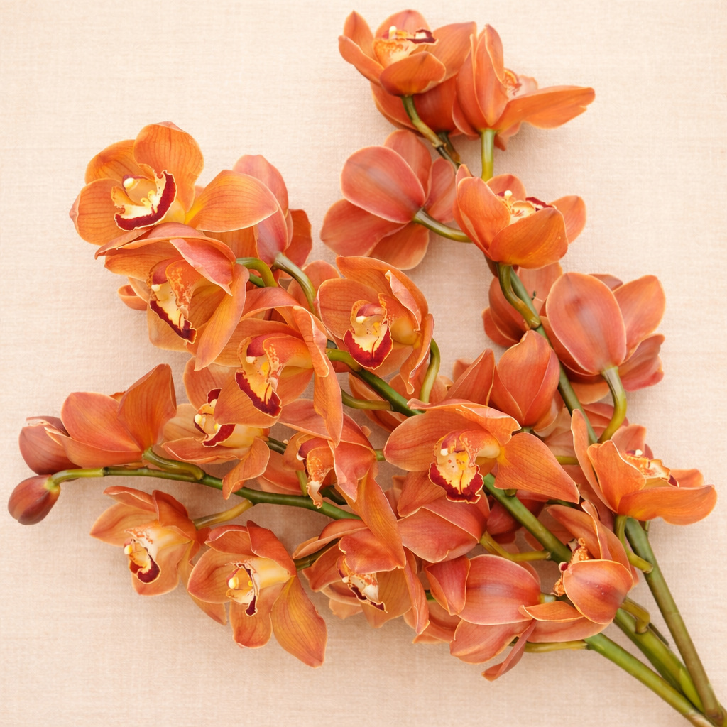 A cluster of peach-colored orchids with green stems on a light beige background.