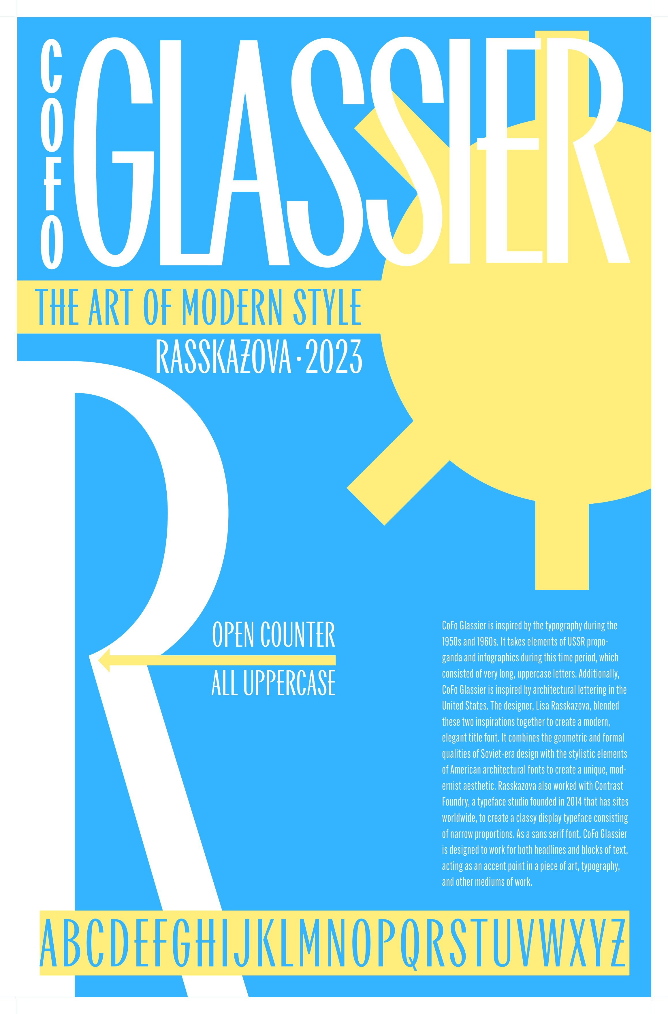 Colorful poster showcasing the font 'CoFo Glasser' inspired by Soviet era design and American architectural fonts, with alphabet samples in uppercase and lowercase, and descriptive text about the font's inspiration and use.