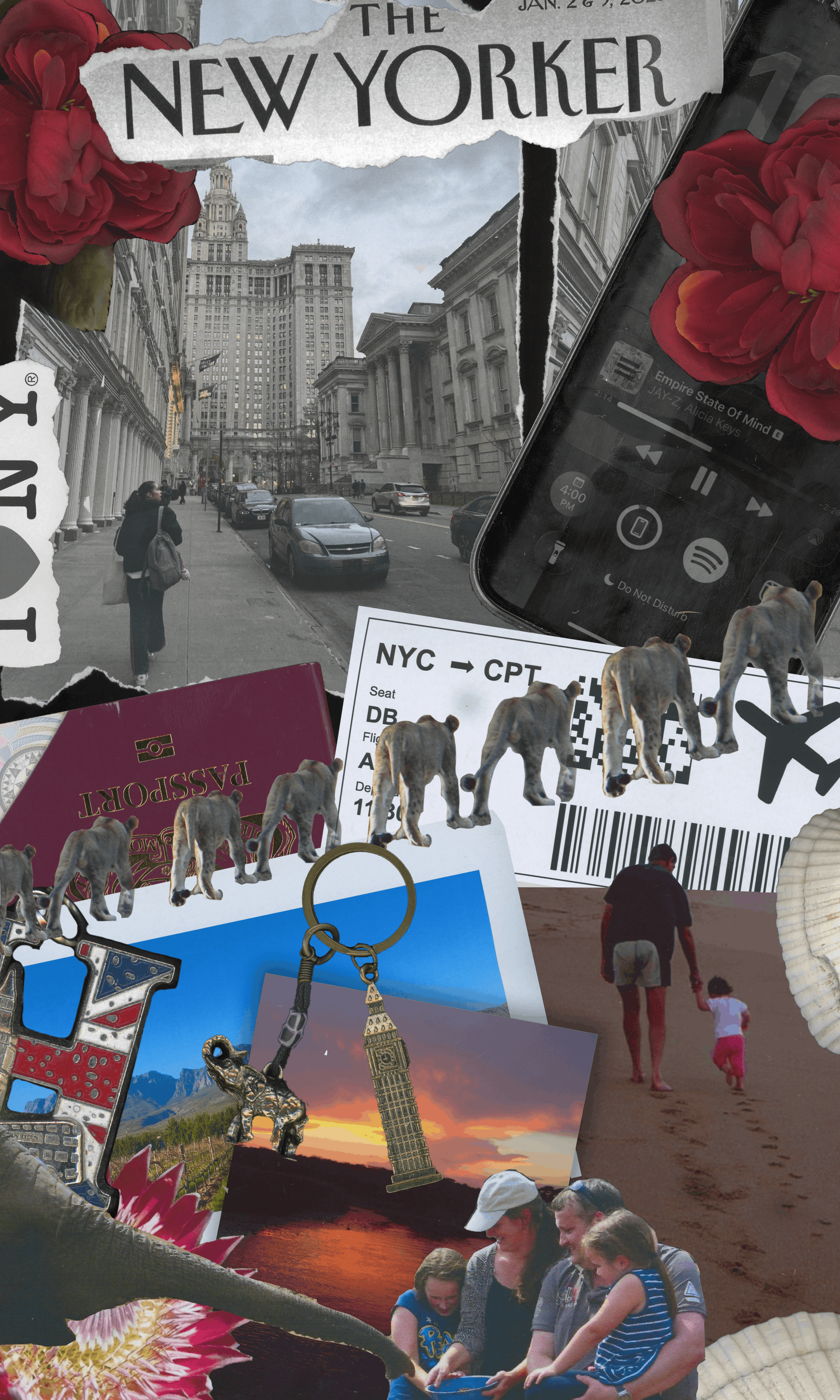 Collage of images including a city street with tall buildings, a smartphone with music, a plane ticket for NYC to CPT, a sunset over water with the Eiffel Tower, people walking on the beach, and a group of women looking at a phone. There are also flo