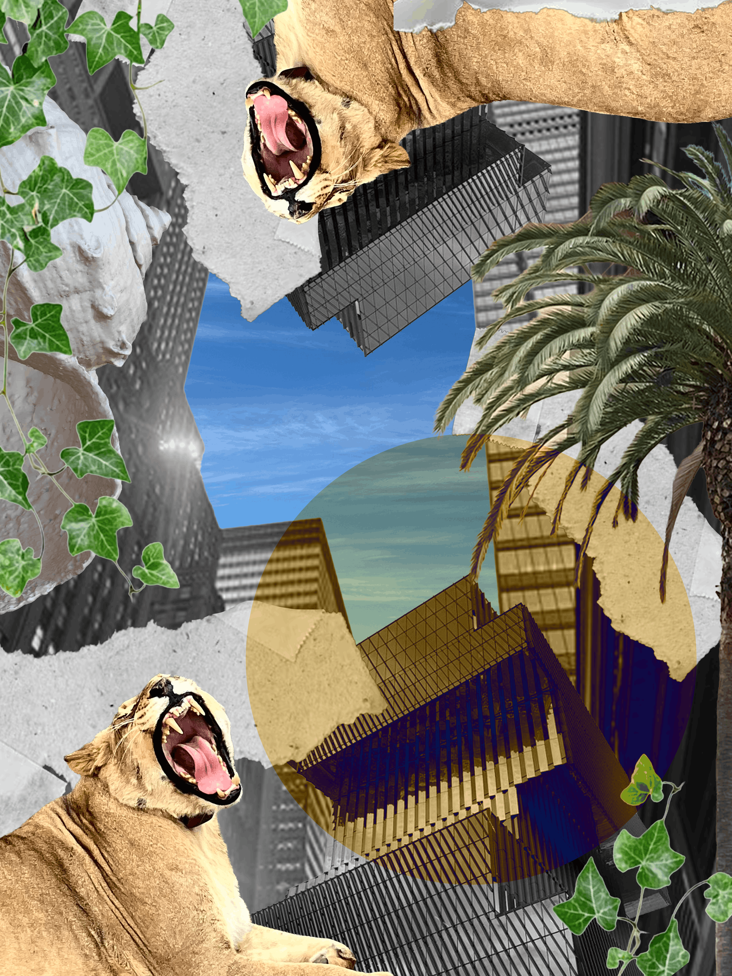 The image is a collage of various elements including a roaring lion, modern buildings, green ivy, palm trees, and torn paper edges, creating a surreal, layered effect.