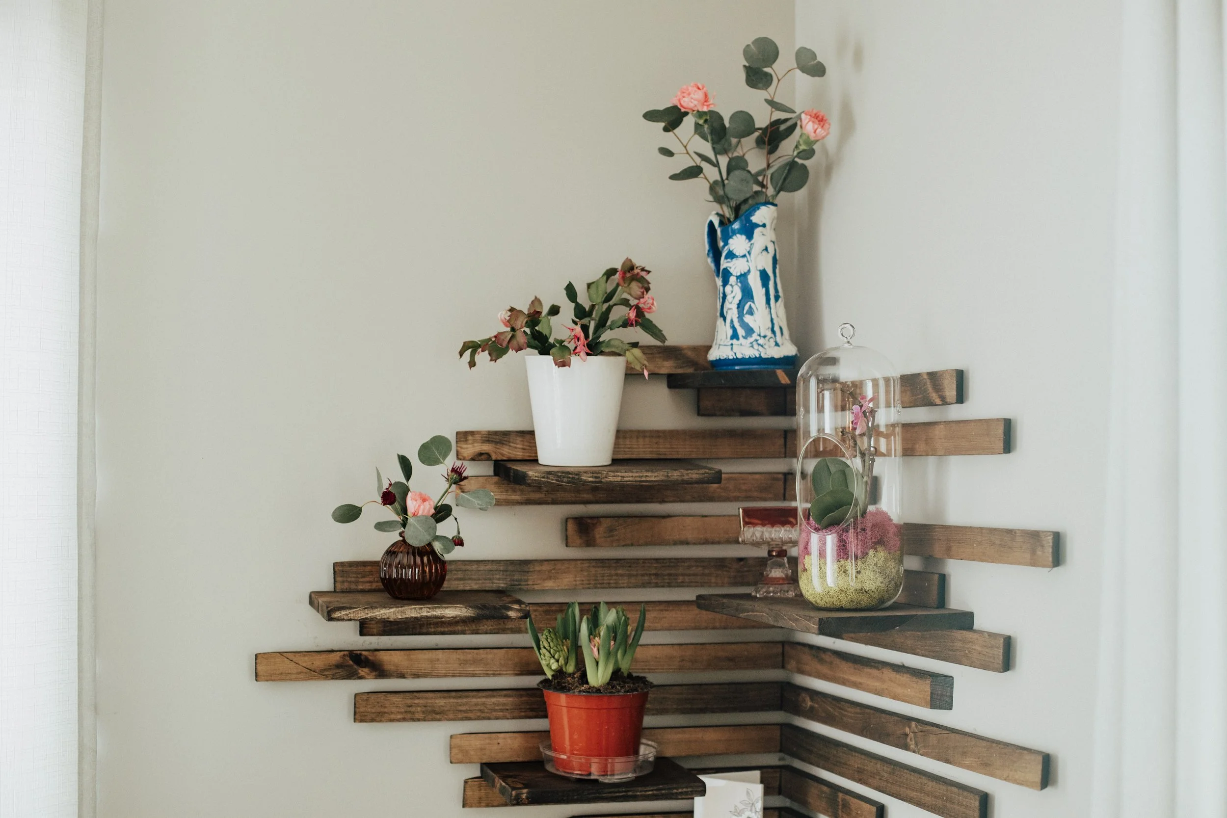 Decorative display of potted plants and flowers on wooden shelves against a light-colored wall.