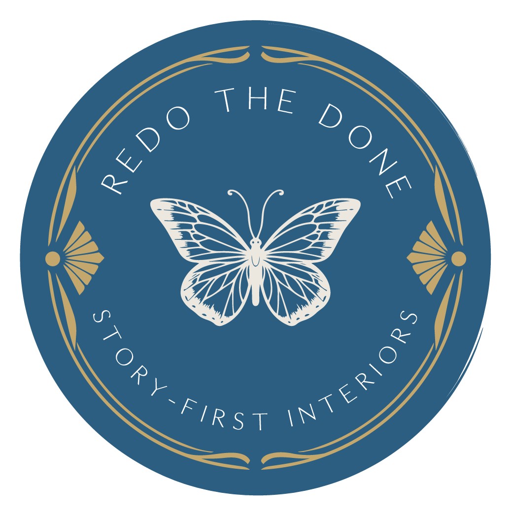 A circular logo with a blue background, featuring a white butterfly at the center. The text 'Redo the Done' is curved along the top, and 'Story-First Interriors' is curved along the bottom, with decorative gold accents around the border.