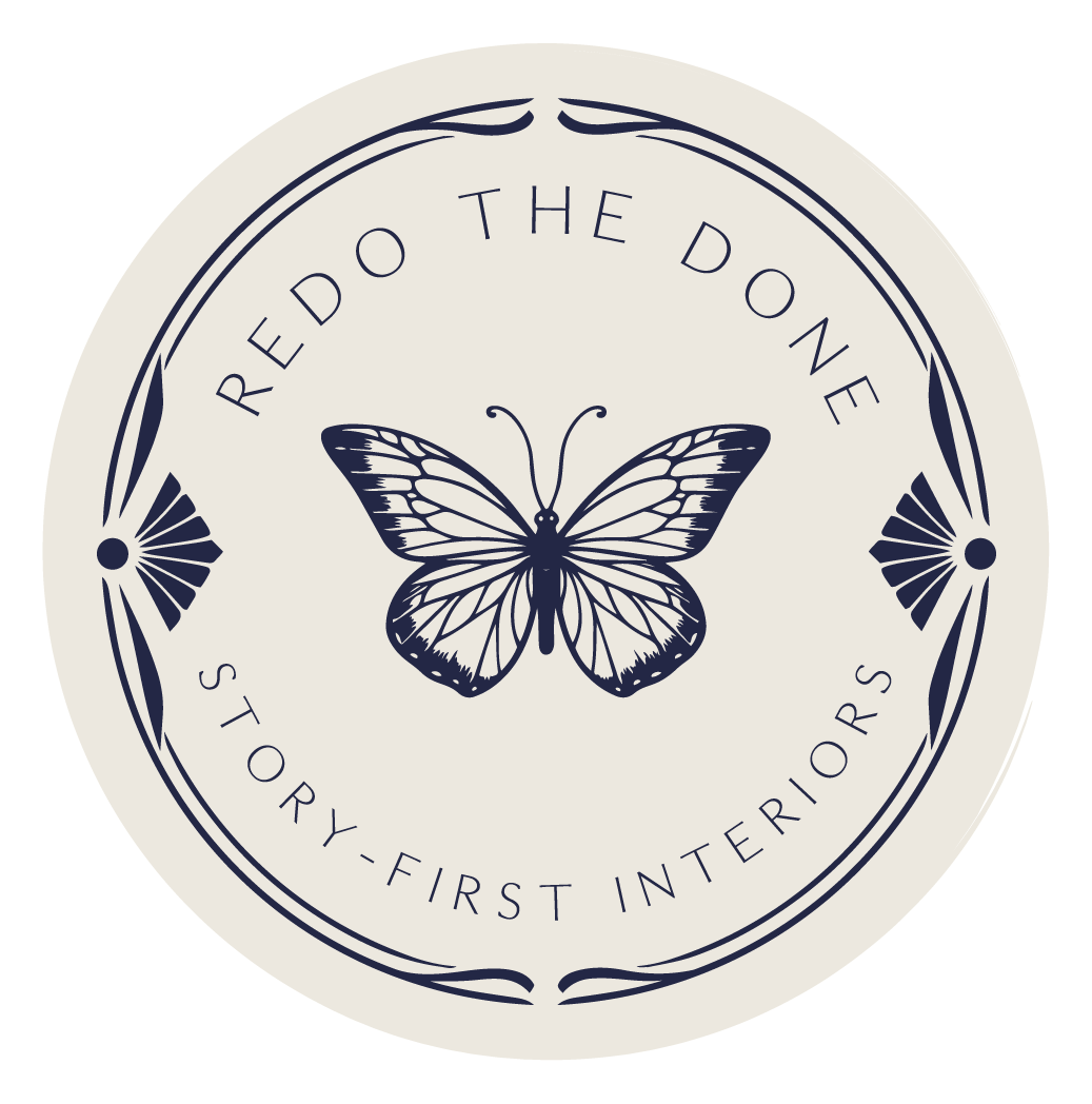 A circular logo with a butterfly in the center, surrounded by the text 'Redo the Done' and 'Story-First Interactors', with decorative elements on the border.