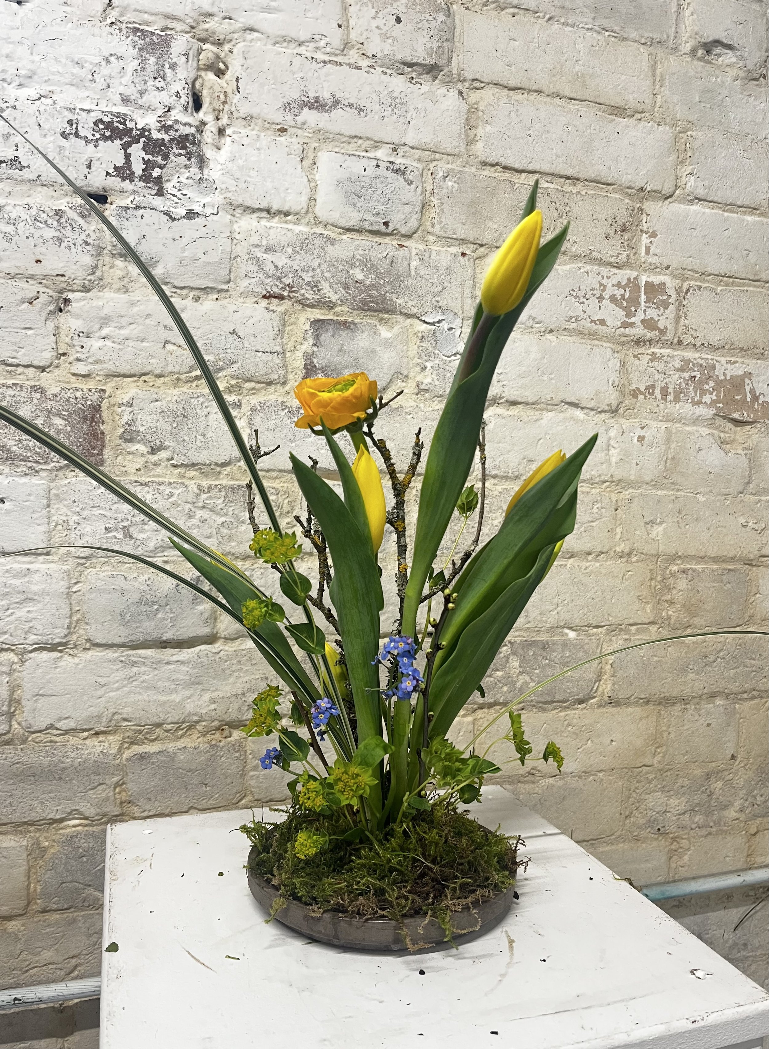 A floral arrangement with yellow tulips, small blue flowers, and green foliage in a round container on a white table against a brick wall.