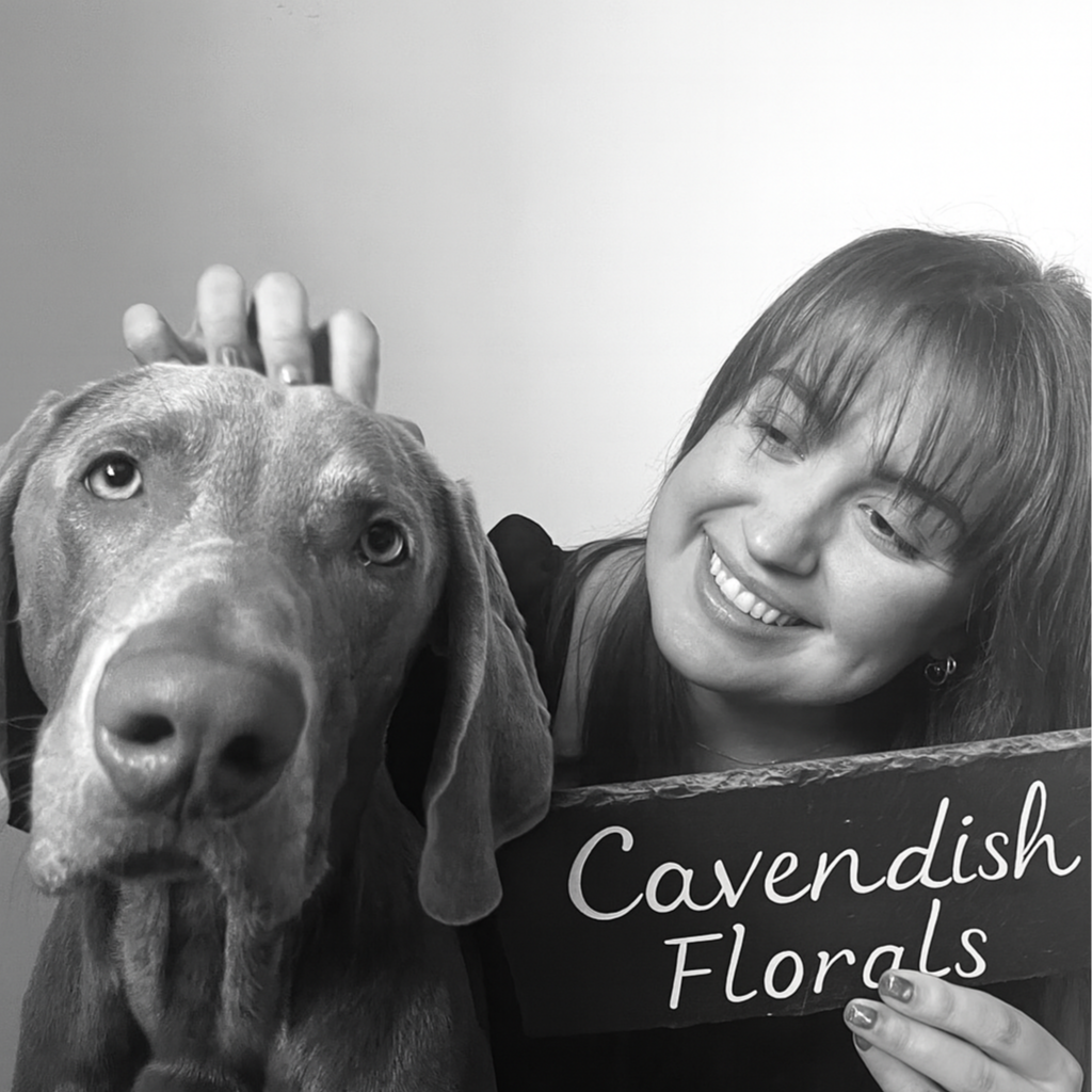 A smiling woman with dark hair and a dog with droopy ears looking at the camera, with the woman holding a sign that says "Cavendish Florals".