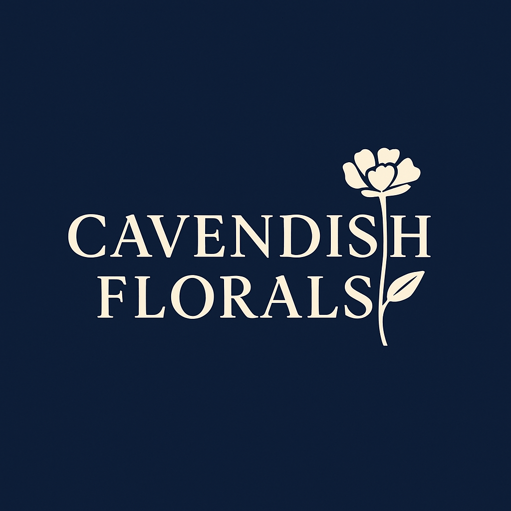 Dark blue background with white text saying "Cavendish Florals" and a simple white flower illustration with a heart-shaped petal in the center.