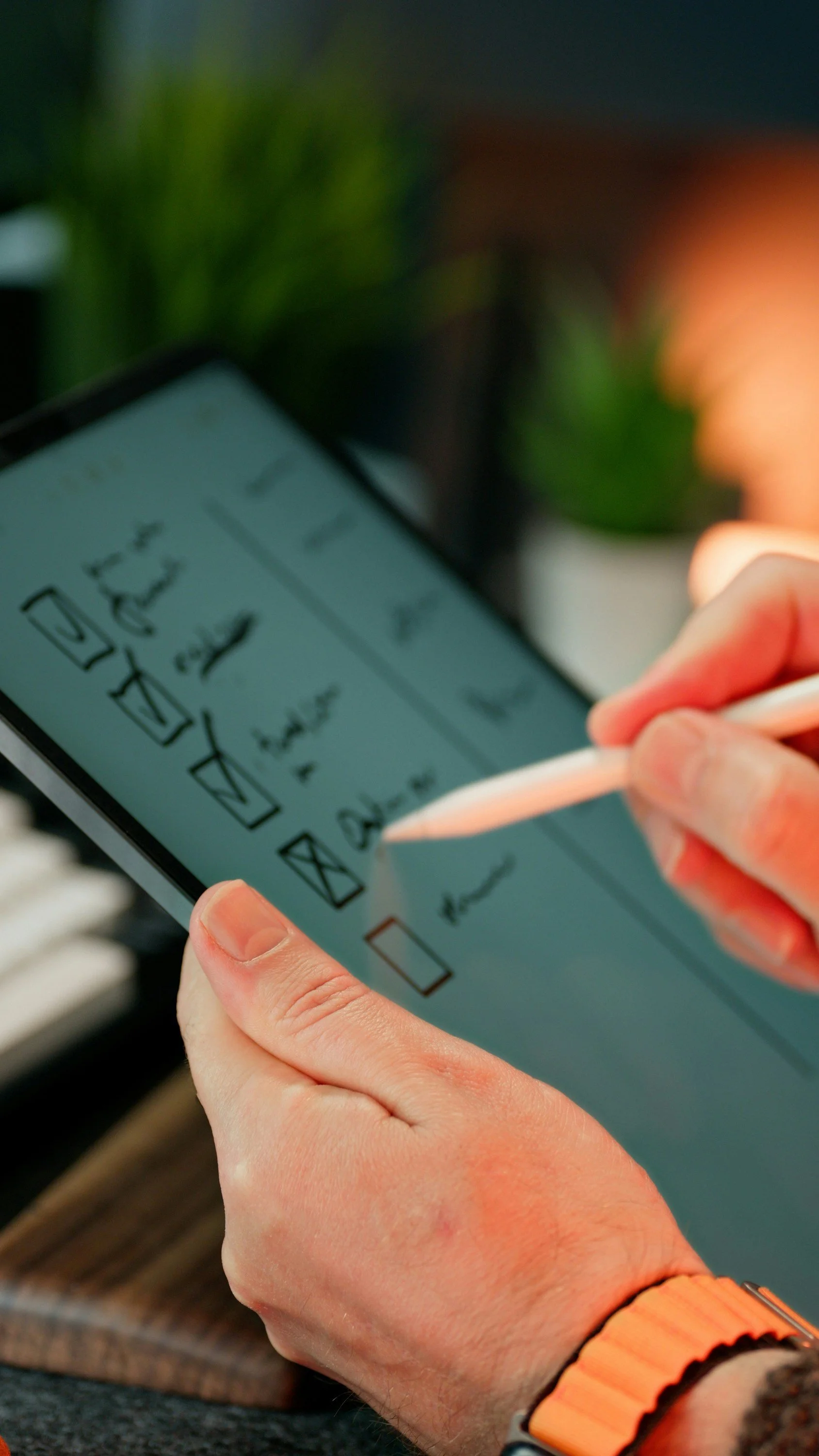 A person using a stylus on a tablet to check off boxes on a checklist. The background includes a keyboard and blurred indoor plants.
