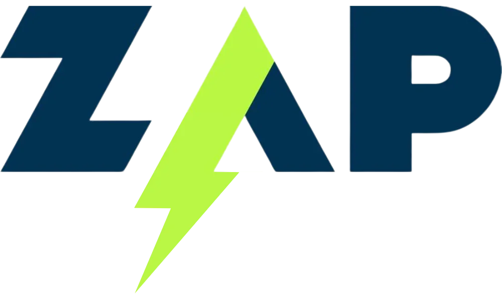 ZAP logo with blue and lime green colors, featuring a lightning bolt in the centre.