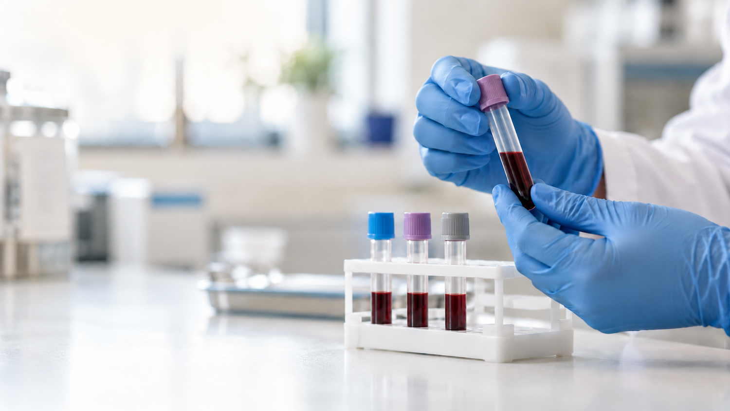Gloved hand holding a blood sample tube in a lab, functional blood work with Dr. Spencer Tretter