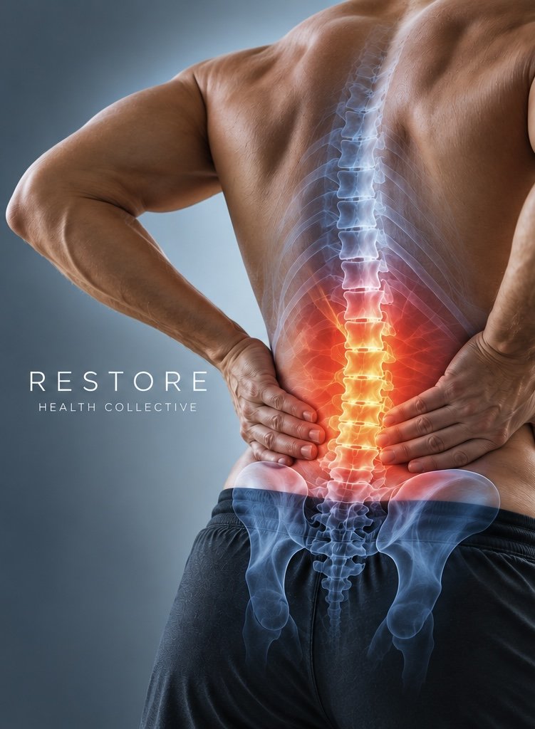 Illustration of low back pain with the lumbar spine highlighted, Restore Health Collective chiropractic care in St. Johns, FL