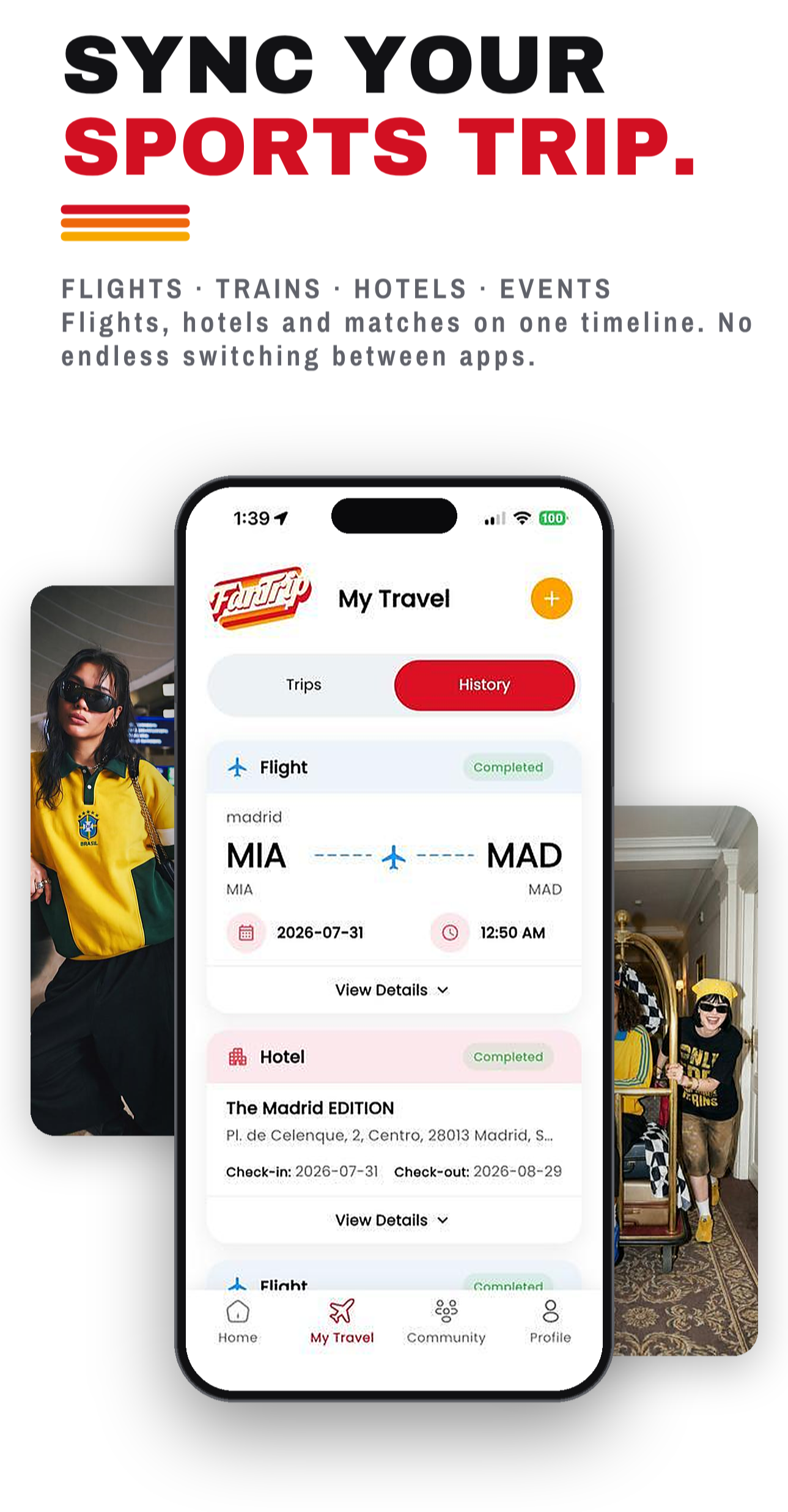 Screenshot of a travel planning app on a smartphone, showing flight details from Madrid to Miami on July 31, 2026, at 12:50 AM, with hotel booking information below.