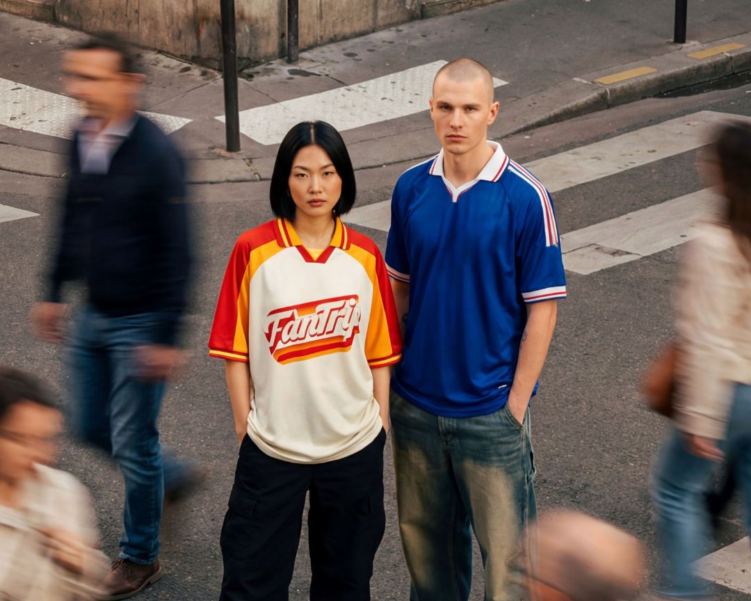 Two young adults traveling for sports, one woman with black hair wearing a red and white sports soccer jersey and one man with a shaved head wearing a blue sports  football jersey, stand on a city street looking directly at the camera.