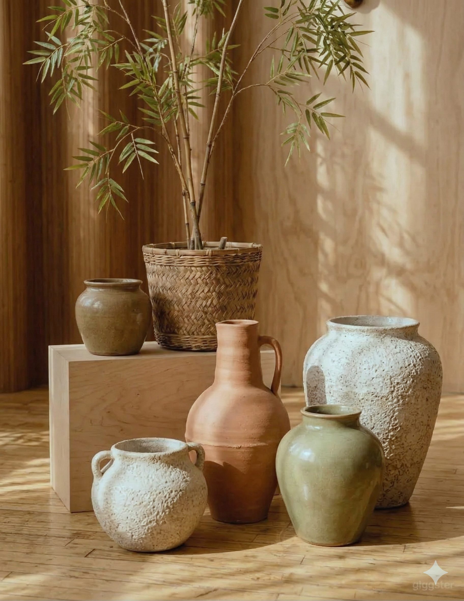 Arrangement of six ceramic and clay vases and a potted plant on a wooden surface and background.