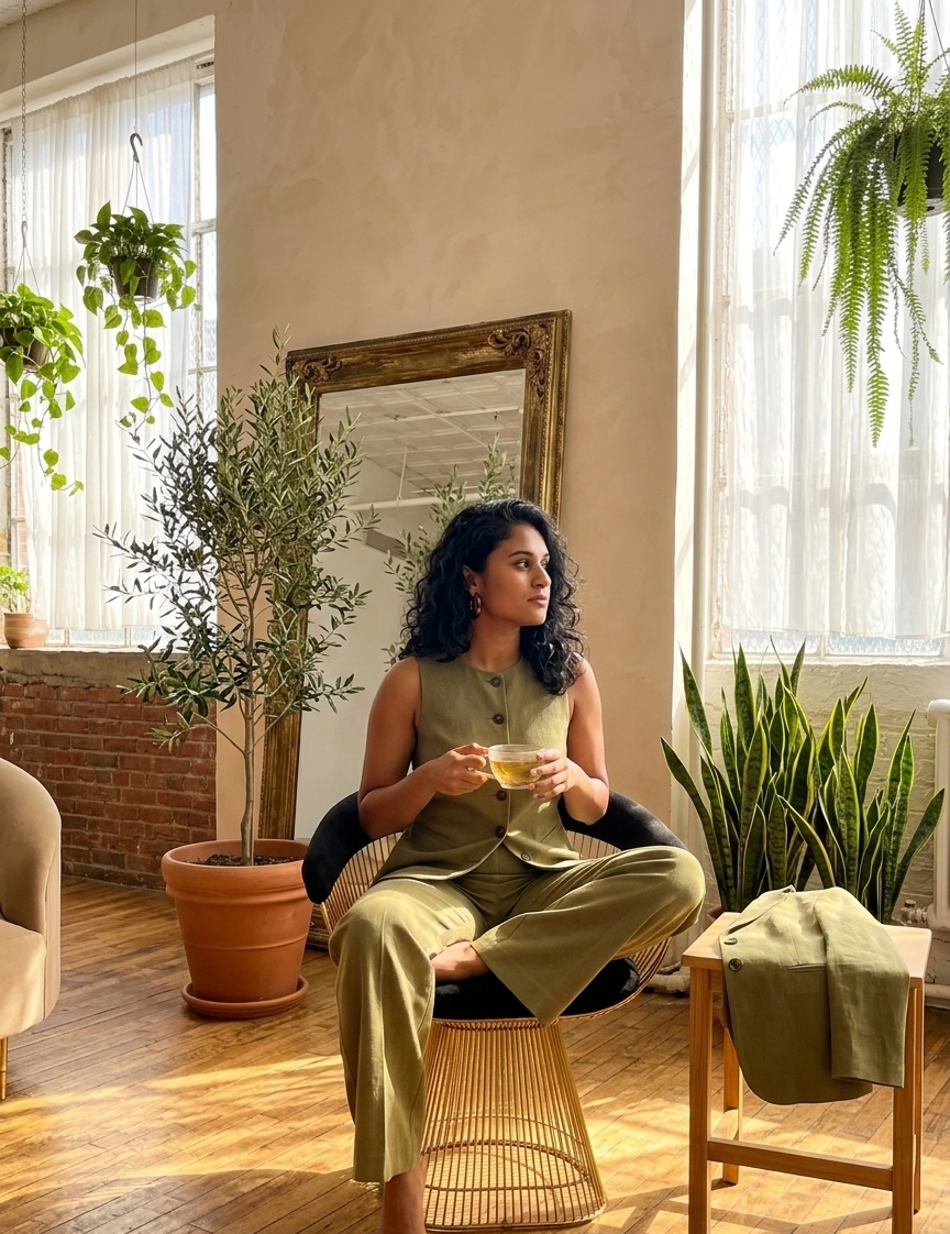 A woman with curly black hair, wearing a sleeveless olive green top and matching pants, sits cross-legged on a modern black chair in a sunlit room. She holds a glass teacup and looks to her left. The room has large windows with sheer curtains, potted plants, a wooden floor, a beige armchair, a small wooden table with a matching olive green jacket draped over it, and a large mirror with a gold frame.