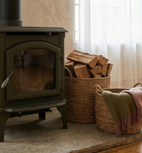 Wood stove with glass door, basket of firewood, and an armchair with a blanket in a cozy room.