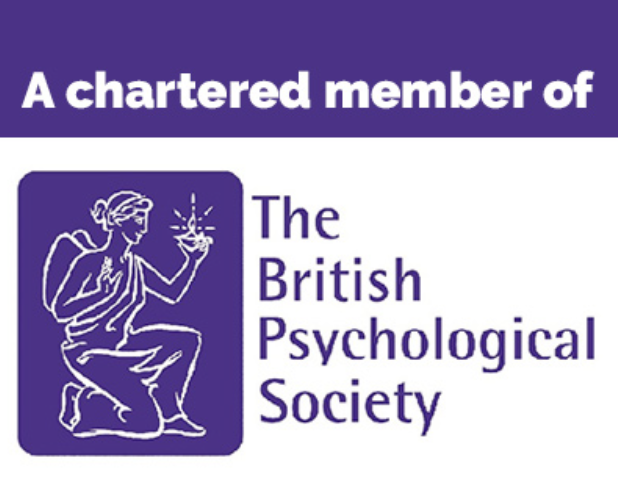 Logo of The British Psychological Society featuring a purple background, a line drawing of a woman in a classical style holding a bright light, with the text indicating it is a chartered member of the society.