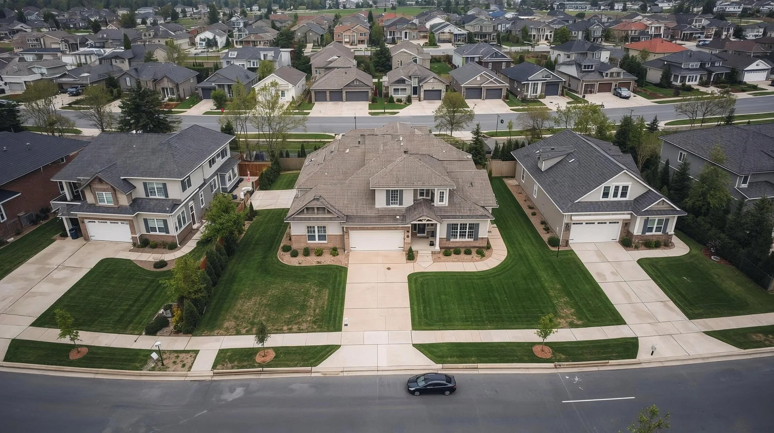 High-resolution aerial photograph by Hanson Aero Group of a luxury suburban neighborhood, showcasing residential architecture and professional real estate videography perspectives in Atlanta.