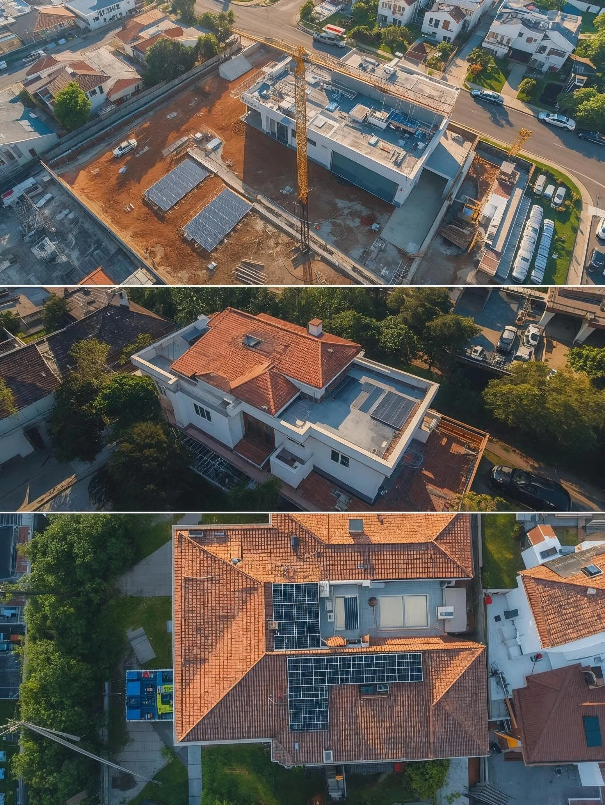 Three-stage aerial construction progress monitoring by Hanson Aero Group, showing the evolution from ground-level solar panel staging to final roof installation on a modern residence.