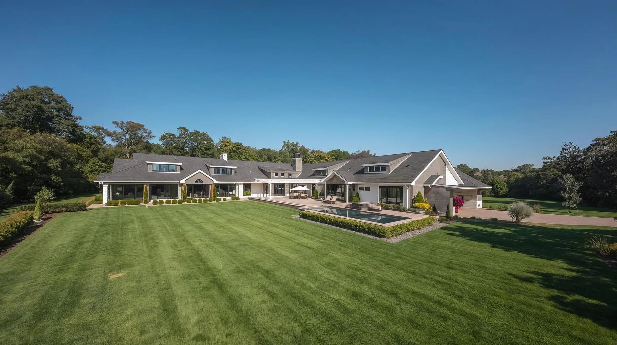 Aerial photography by Hanson Aero Group of a luxury modern farmhouse in Atlanta, GA, featuring a poolside patio and manicured lawn for high-end real estate videography.