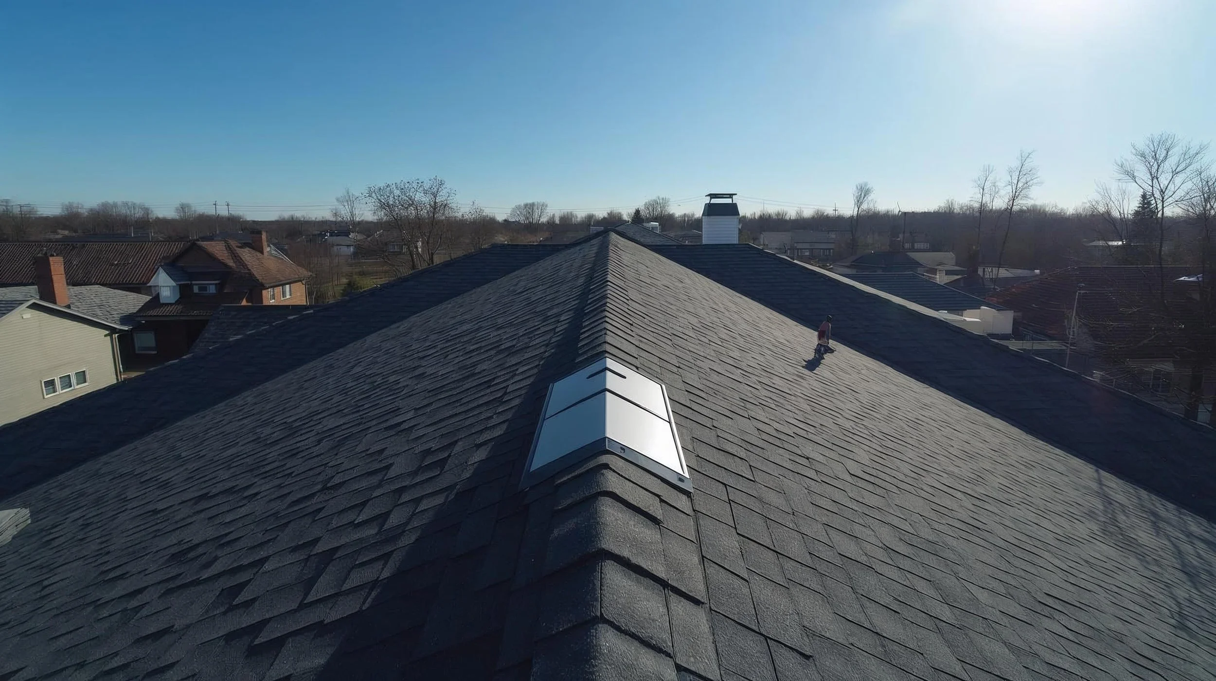 High-resolution drone roof inspection by Hanson Aero Group, featuring a close-up aerial view of asphalt shingles and skylight integrity in Atlanta, Georgia.