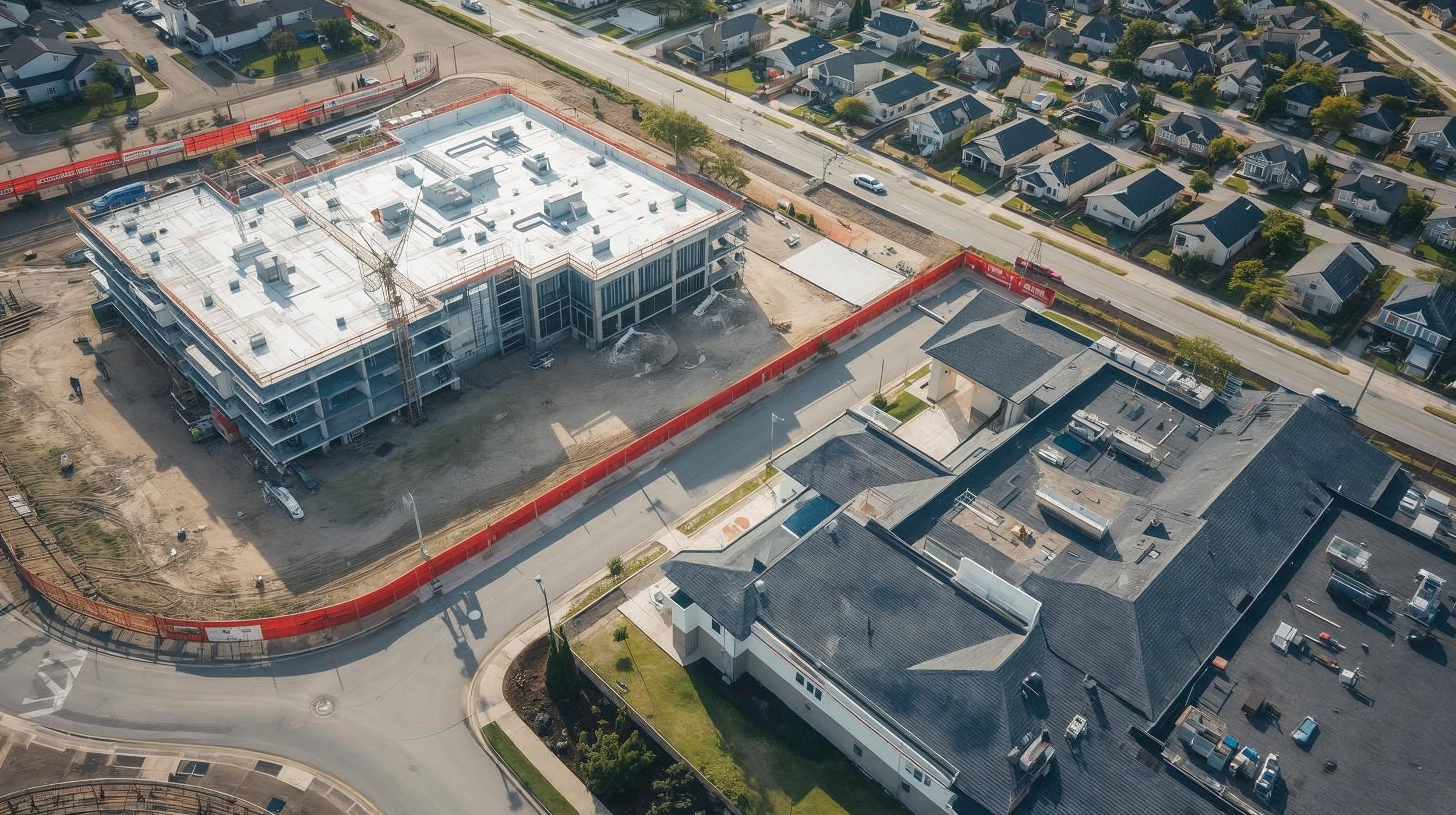 Wide-angle aerial site survey by Hanson Aero Group documenting the structural progress and roof staging of a multi-story commercial building development in Atlanta, GA.