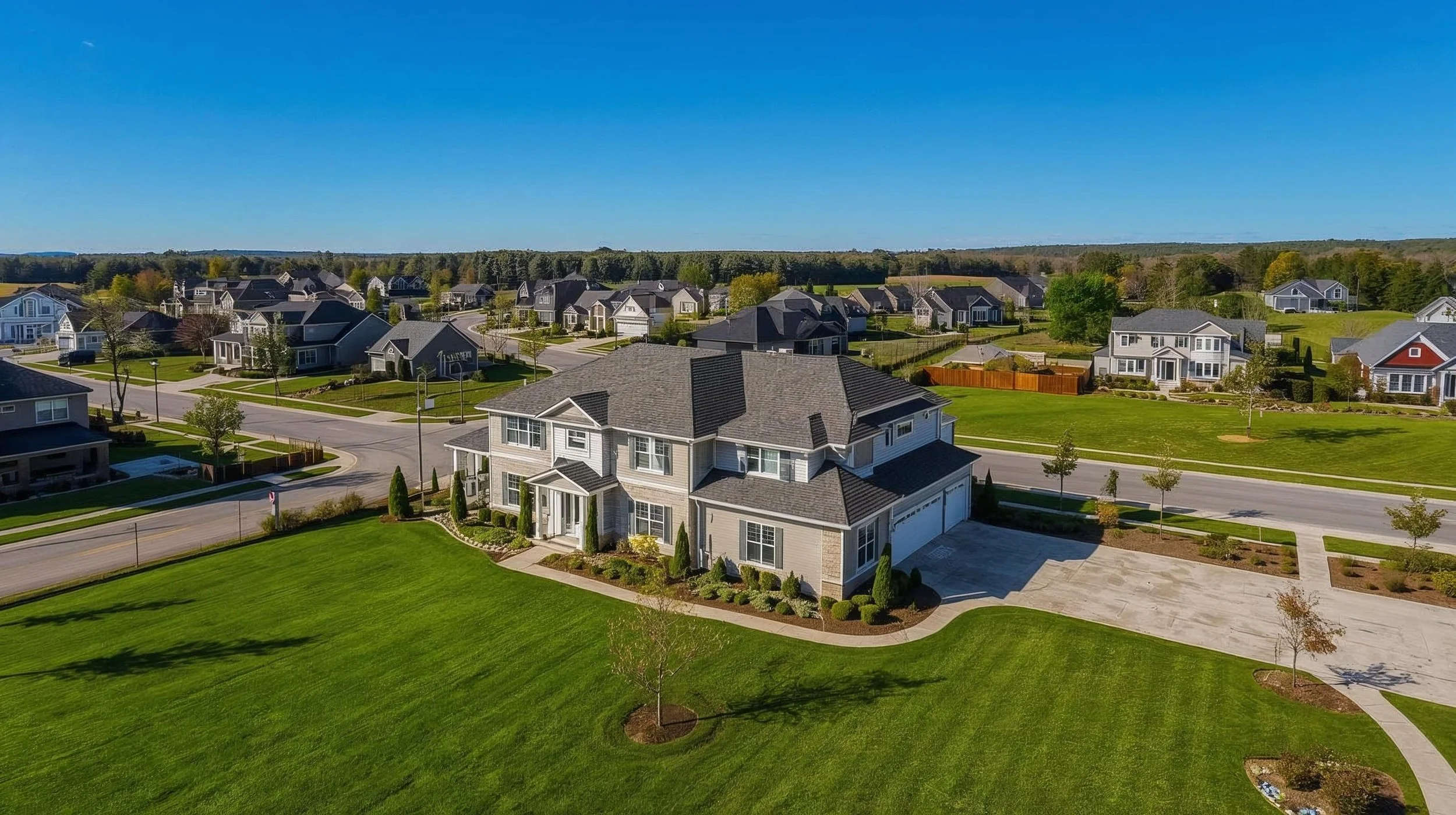 Wide-angle aerial drone photography by Hanson Aero Group capturing a luxury suburban estate and surrounding neighborhood in Atlanta, Georgia for professional real estate marketing.