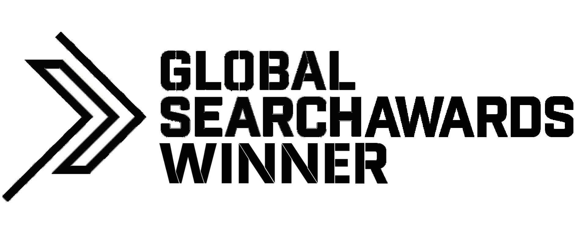 Graphic with an abstract arrow design pointing right, alongside text that reads 'Global Search Awards Winner'.