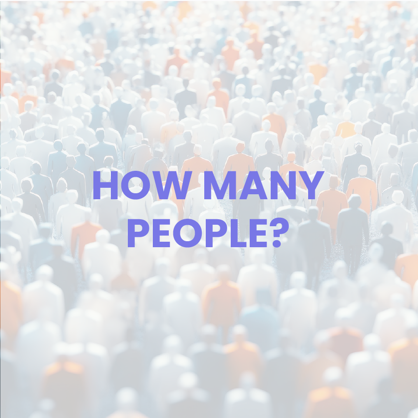 A large crowd of diverse people walking together with the text 'How Many People?' in purple in the foreground.