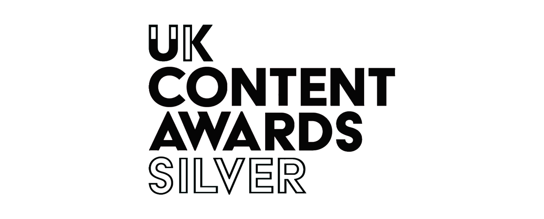 Graphic design with the text 'UK CONTENT & AWARDS SILVER' in bold, stylized fonts and bright colors.